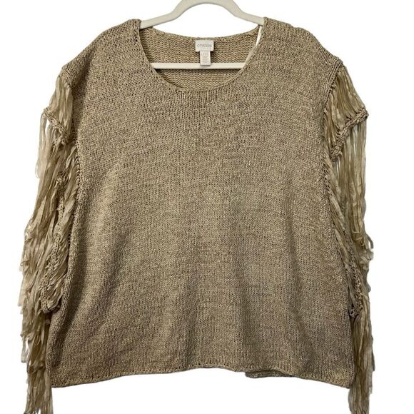CHICO'S Tarrin Cream/Tan Knit Fringe Poncho Top L/xl - Picture 2 of 16